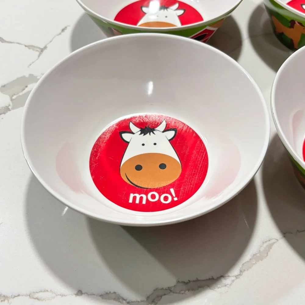 Plastic Green White Red Farm Themed Bowls Set Of 4 Dessert Cups Cow Horse Barn